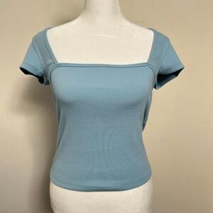 Square Neck Ribbed Tee Women XS Light Blue Short Sleeve Top